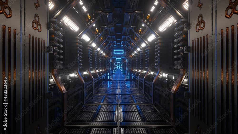 Poster flying in a spaceship tunnel, a sci-fi shuttle corridor. futuristic abstract technology. technology 