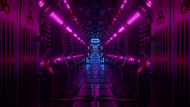 Flying in a spaceship tunnel, a sci-fi shuttle corridor. Futuristic abstract technology. Technology and future concept. Flashing light. 3d Animation of seamless loop.