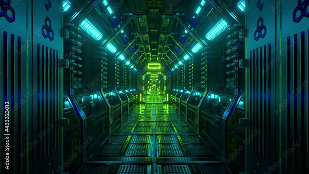Poster flying in a spaceship tunnel, a sci-fi shuttle corridor. futuristic abstract technology. technology 