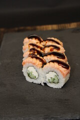 fire-burned salmon sushi roll