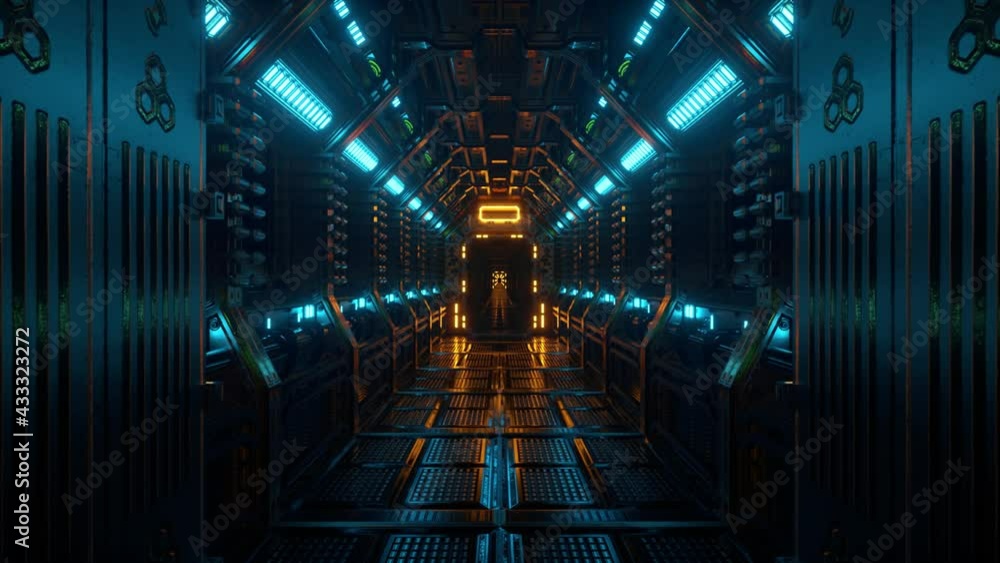 Poster flying in a spaceship tunnel, a sci-fi shuttle corridor. futuristic abstract technology. technology 