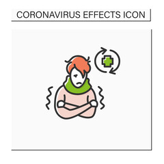 Ill person color icon. Covid reinfected or re-ill person suffering shivers and high fever. Covid disease repeated infection and immunity failure.Isolated vector illustration