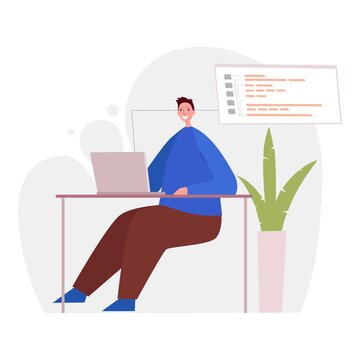 Programmer working on web development on computer. Concept of script coding and programming in php, python, javascript, other languages. Software developer. Flat cartoon illustration design