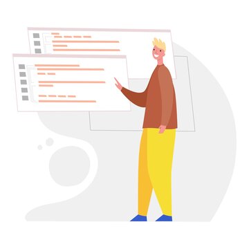 Programmer working on web development on computer. Concept of script coding and programming in php, python, javascript, other languages. Software developer. Flat cartoon illustration design