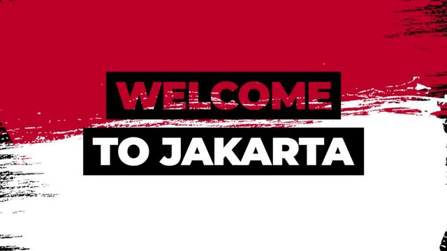 Welcome to Jakarta text animation with a national flag in the background. The flag is drawn with big brush strokes. 4K animation