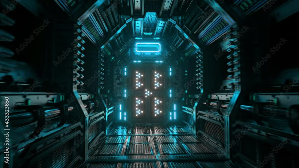 Poster flying in a spaceship tunnel, a sci-fi shuttle corridor. futuristic abstract technology. technology 
