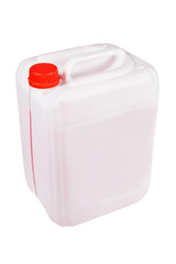 White 10 liter canister with red liquid. Container with red antifreeze for the car engine cooling system. White can be isolated on a white background.
