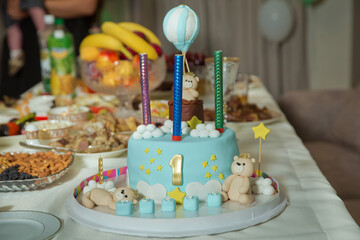 Bears Cake . 1 year birthday cake for a blue boy with a number 1. Amazing cake for boy's first Birthday. Blue and white colors with Bear cub from sugar mastic . Baku Azerbaijan . 19.01.2021 .