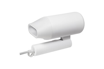 A modern compact dryer folded. Foldable hair dryer with horizontally rotated nozzle isolated on white background.
