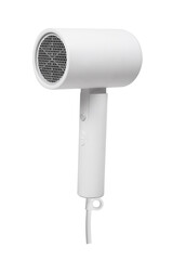Modern hair dryer with nozzle isolated on white. Hair dryer side view isolated on white background.
