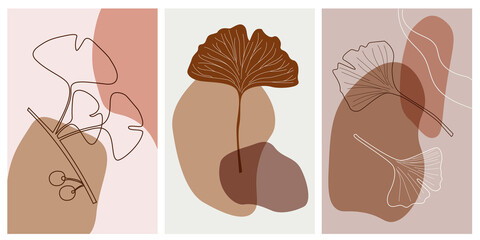  Set abstract minimalistic trend poster with  contour ginkgo biloba leaves. Stylish simple banner with tropical plant herbal print. Vector graphics.