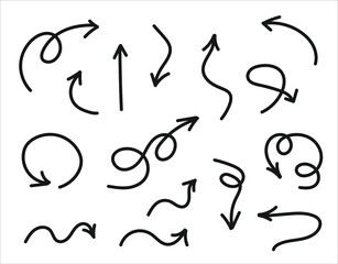 Hand drawn black doodle arrows on white background. Doodle cartoon vector illustration