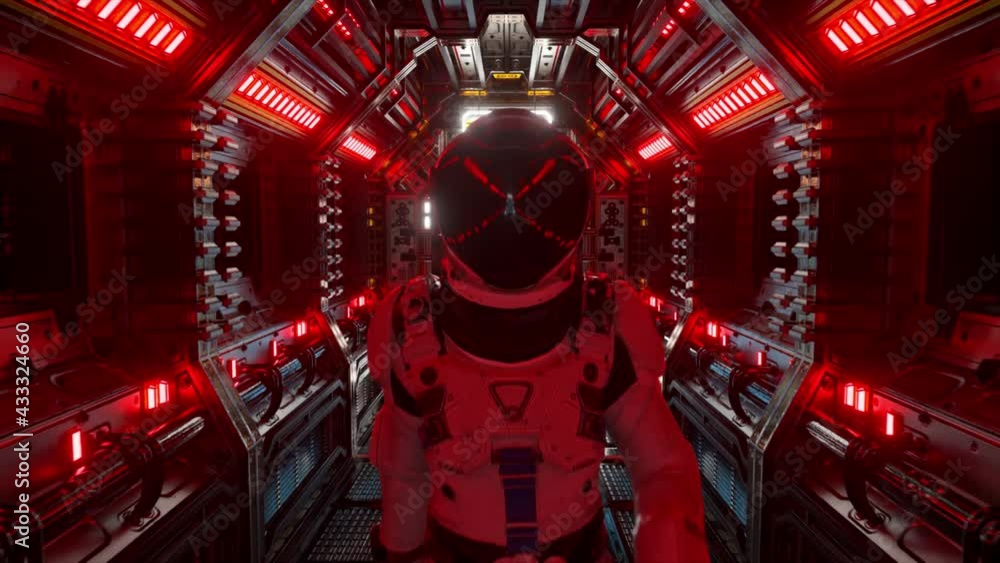 Poster astronaut walking in spaceship tunnel, sci-fi shuttle corridor. futuristic abstract technology. tech