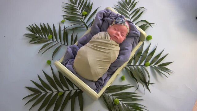 Newborn baby girl or boy sleeping swaddled in fabric in basket decorated with pl