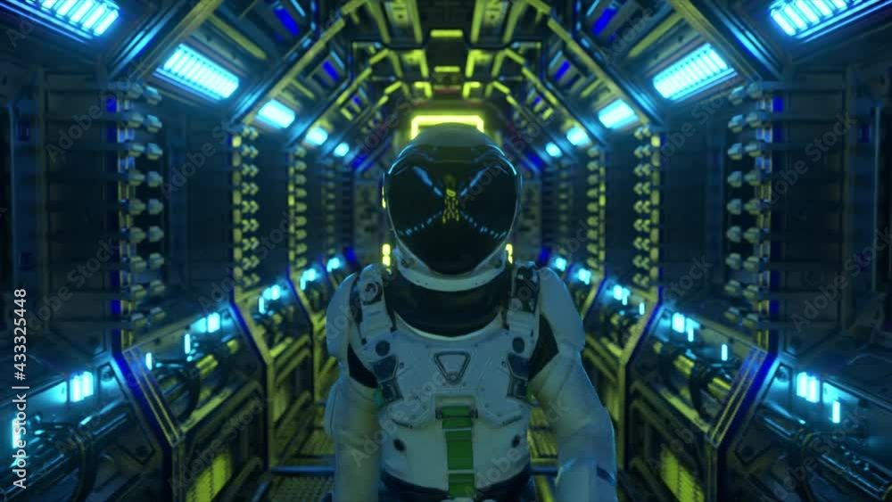 Poster astronaut walking in spaceship tunnel, sci-fi shuttle corridor. futuristic abstract technology. tech