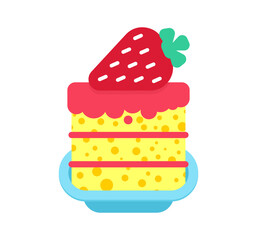 Strawberry cake piece in plate cartoon Sweets vector illustration