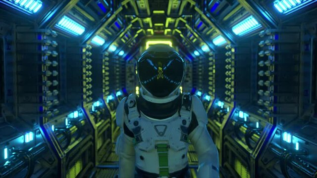 Astronaut walking in spaceship tunnel, sci-fi shuttle corridor. Futuristic abstract technology. Technology and future concept. Flashing light. 3D animation