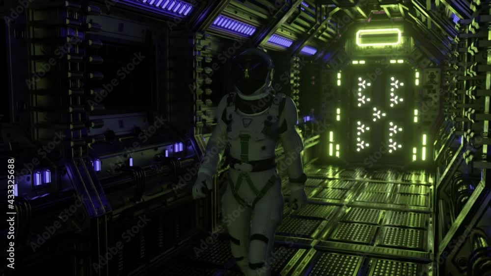 Poster astronaut walking in spaceship tunnel, sci-fi shuttle corridor. futuristic abstract technology. tech