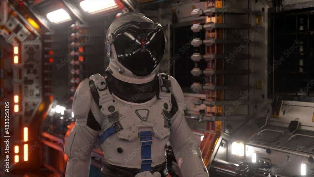 Poster astronaut walking in spaceship tunnel, sci-fi shuttle corridor. futuristic abstract technology. tech