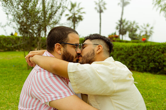 Pareja de novios gay besándose abrazados en el parque 