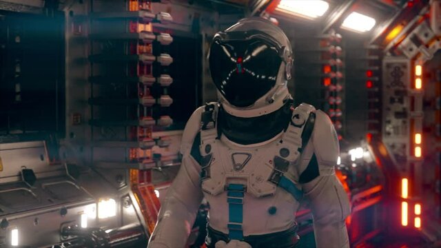 Astronaut walking in spaceship tunnel, sci-fi shuttle corridor. Futuristic abstract technology. Technology and future concept. Flashing light. 3D animation