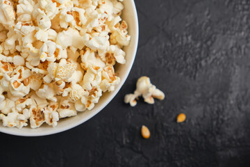 Close up delicious fresh buttery popcorn in a bowl