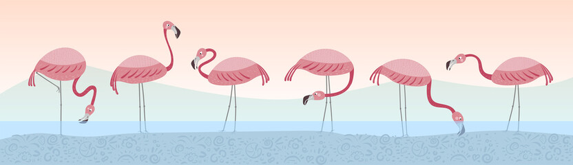 Vector set with six flamingos. Flamingos stand in the water against the backdrop of the landscape. Hand drawn illustration.