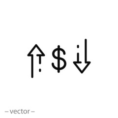 currency exchange icon, return money, rebate or loan, cash transfer, financial convert, fee refund, thin line symbol on white background - editable stroke vector eps10