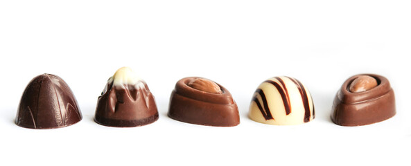 Five chocolate candy isolated on white background
