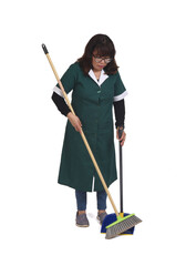 front view cleaning woman who is sweeping with a dustpan over white background