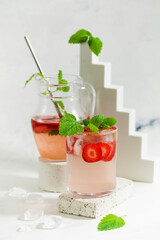 Summer drink refreshing strawberry lemonade with mint