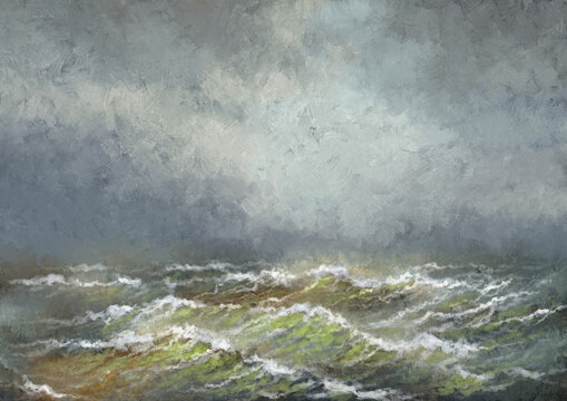 Oil paintings sea landscape, water flowing into the water. Fine art.