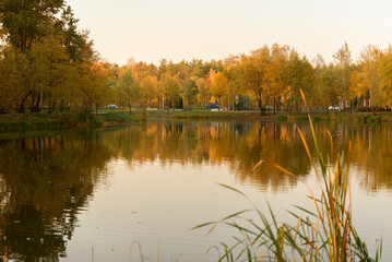 Beautiful river morning with fog and sunlight. Sand, sunbathing area and lifeguard house. Warm, colorful look.