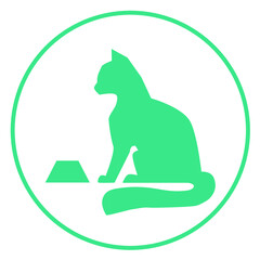 Vector stylized silhouette of a cat sitting next to a bowl. Cat food logo concept.