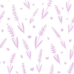 Hand-drawn seamless pattern decorative branches of lavender on white background. Perfect for textile, prints, packaging, scrapbooking, wrapping paper, gift bags or background. Digital illustration
