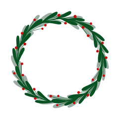Fototapeta na wymiar Christmas wreath of mistletoe branches in circle shape isolated on white background Perfect for invitations, greeting cards, posters and other printed products. Digital illustration