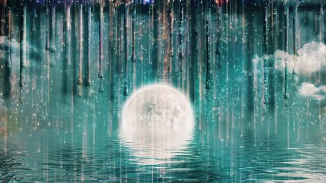 Moon-rise in surreal world. Stars drips down like drops of paint