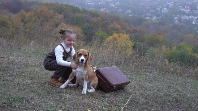 Slow Motion Girl traveler playing in autumn nature with dog