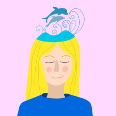 Mental health illustration with a woman and dolphins
