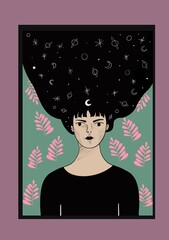 Digital illustration of a relaxed woman's face, for stories, pop art style