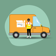 Courier parcel delivery service. A man holds a delivery box. Delivery car. Postman at work. Vector illustration. EPS.