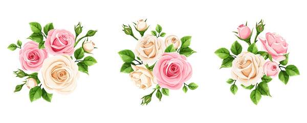 Vector set of pink and white rose flowers isolated on a white background. - obrazy, fototapety, plakaty