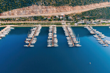 Aerial view of many luxury boats and yachts in the Kas marine Port Yacht in Turkey in Mediterranean sea