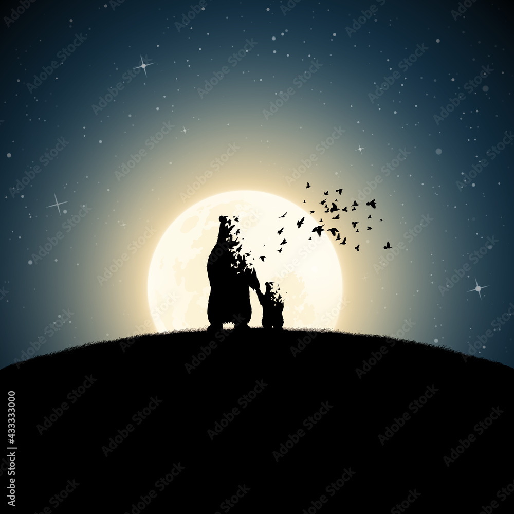 Poster bear family on moonlight night. endangered animal. death and afterlife