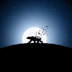 Polar bear on moonlight night. Endangered animal. Death and afterlife