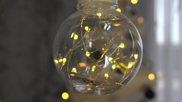 Transparent glass light bulbs with glowing string lights inside. Shining glass 