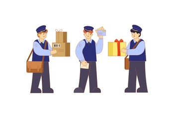 Fototapeta na wymiar Mailman in uniform and with a bag for letters. Postmen hold parcels, envelopes and boxes. Post office. Vector isolated