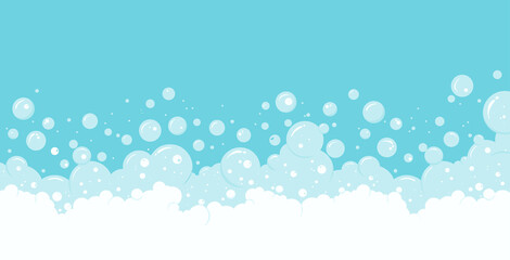Soap bubbles and foam vector background, transparent suds border. Abstract illustration - obrazy, fototapety, plakaty