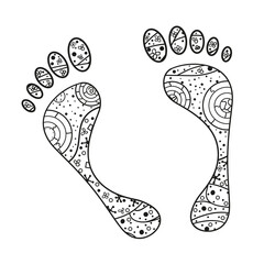 Foots. Hand drawn element with abstract patterns on isolation background. Design for spiritual relaxation for adults. Line art creation. Black and white illustration for coloring. Print for t-shirts
