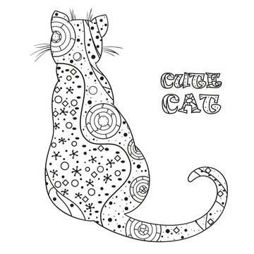 Cat. Design Zentangle. Hand drawn cat with abstract patterns on isolation background. Design for spiritual relaxation for adults. Black and white illustration for coloring. Zen art. Decorative style